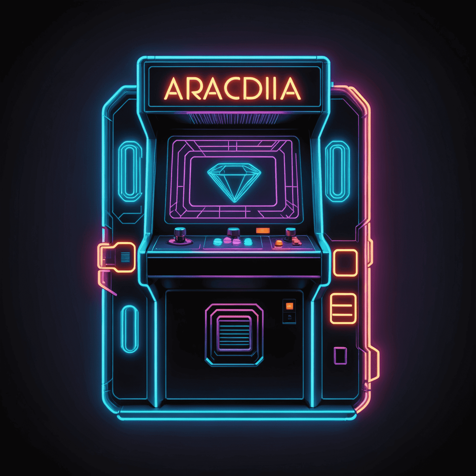 Logo Arcadia Machines - stylizowane, geometryczne logo w neonowych kolorach przedstawiające automat do gier