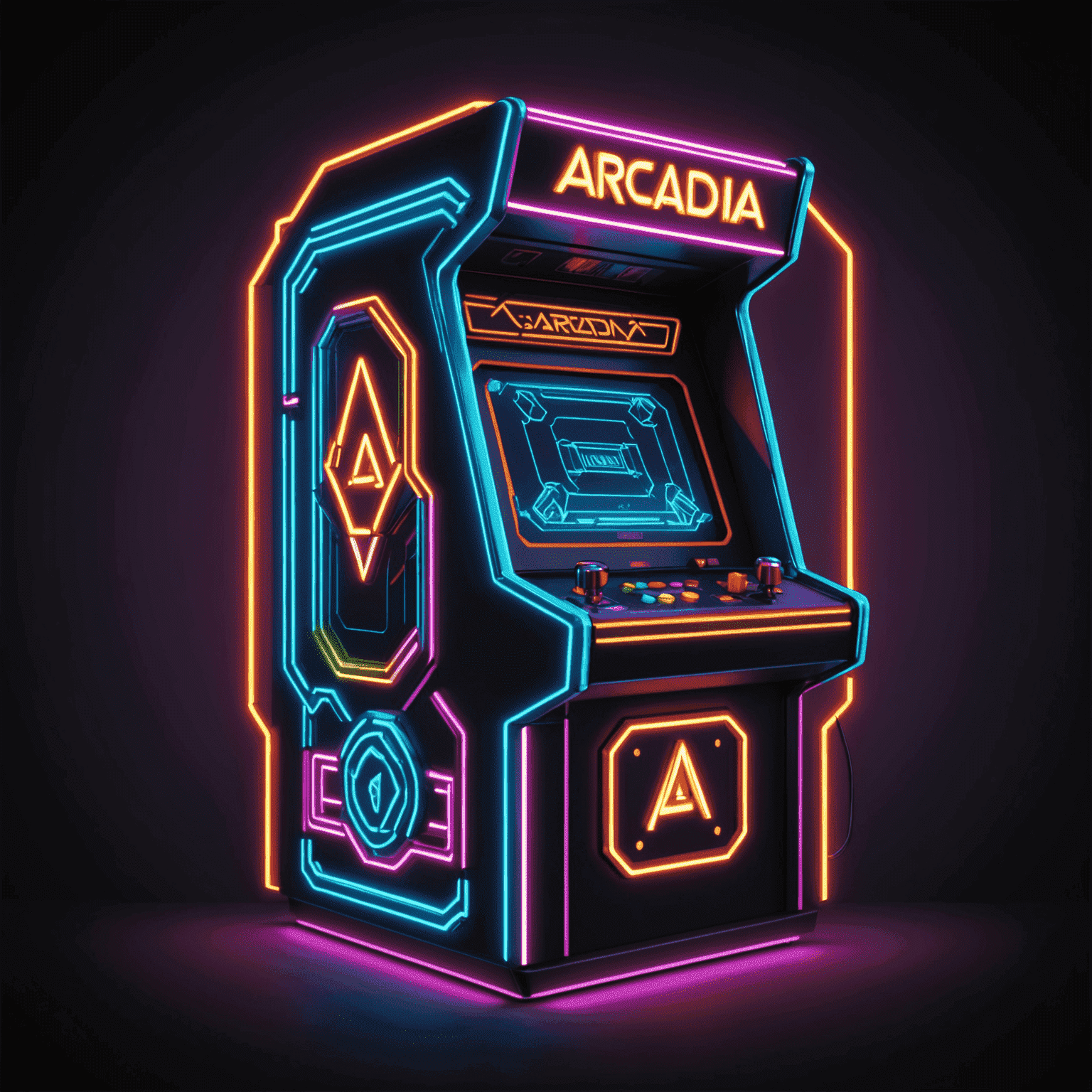 Logo Arcadia Machines - stylizowane, geometryczne logo w neonowych kolorach przedstawiające automat do gier