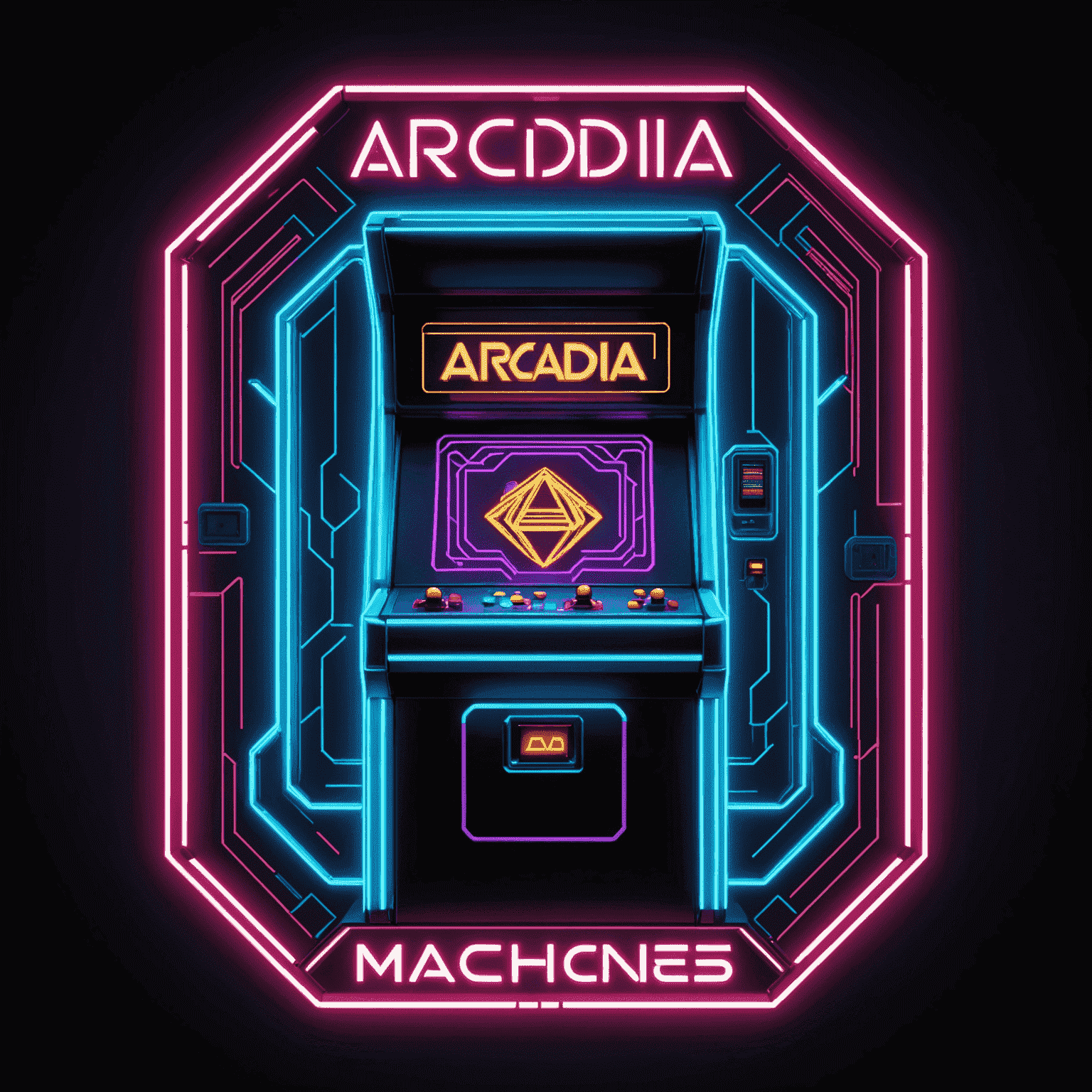 Logo Arcadia Machines - stylizowane, geometryczne logo w neonowych kolorach przedstawiające automat do gier