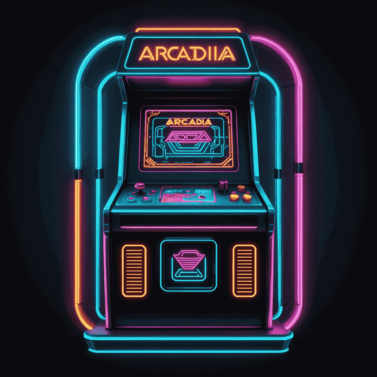 Logo Arcadia Machines - stylizowane, geometryczne logo w neonowych kolorach przedstawiające automat do gier