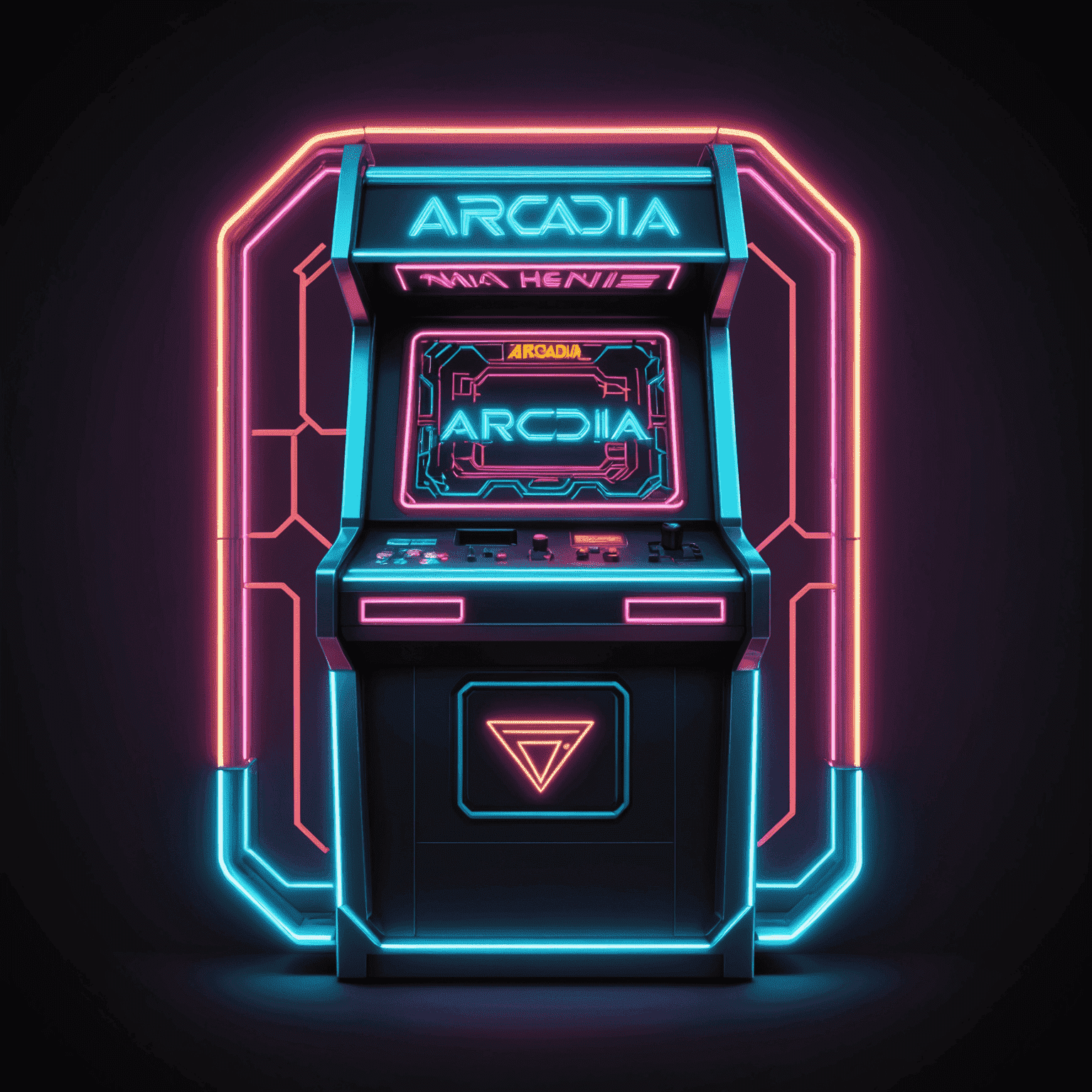Logo Arcadia Machines - stylizowane, geometryczne logo w neonowych kolorach przedstawiające automat do gier