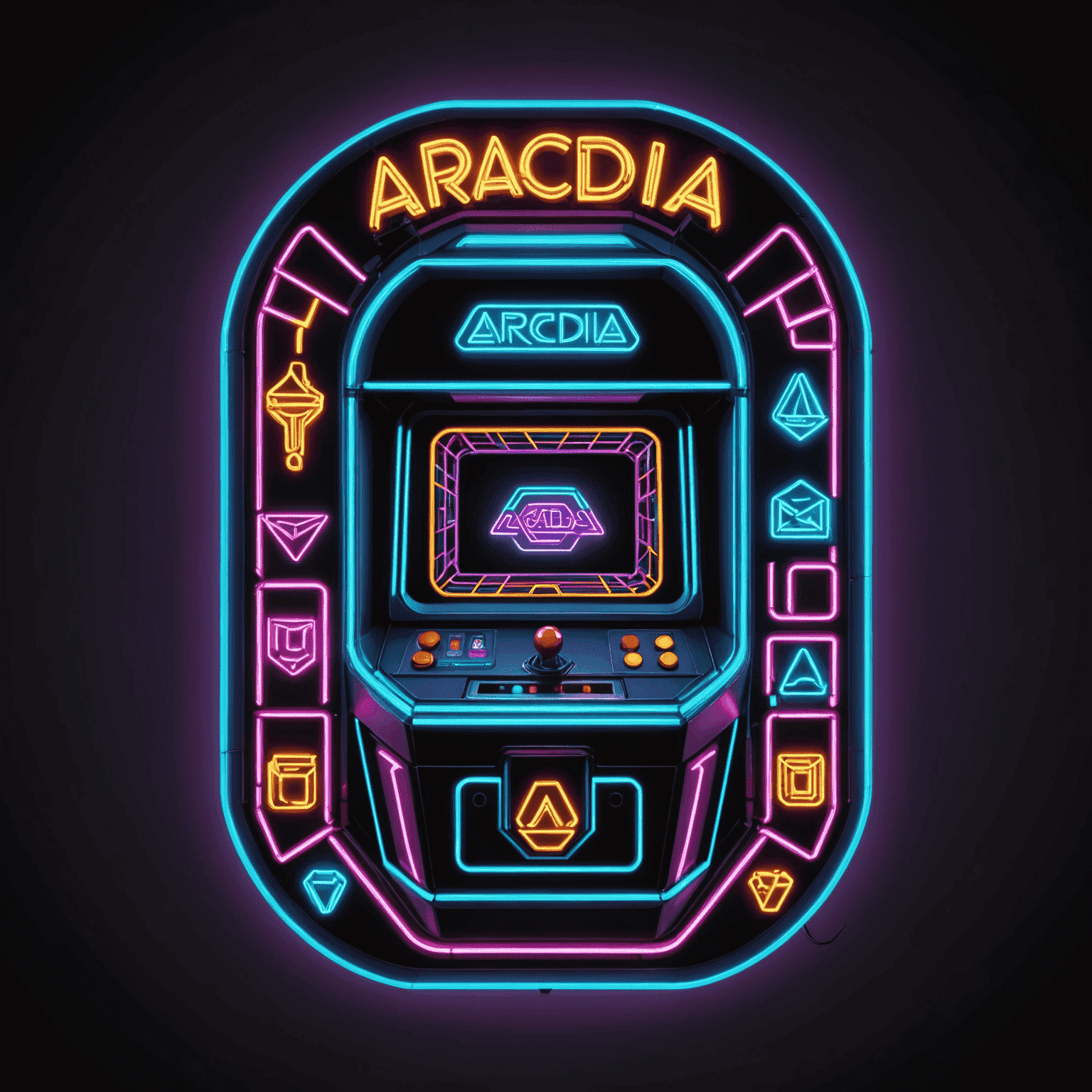 Logo Arcadia Machines - stylizowane, geometryczne logo w neonowych kolorach przedstawiające automat do gier