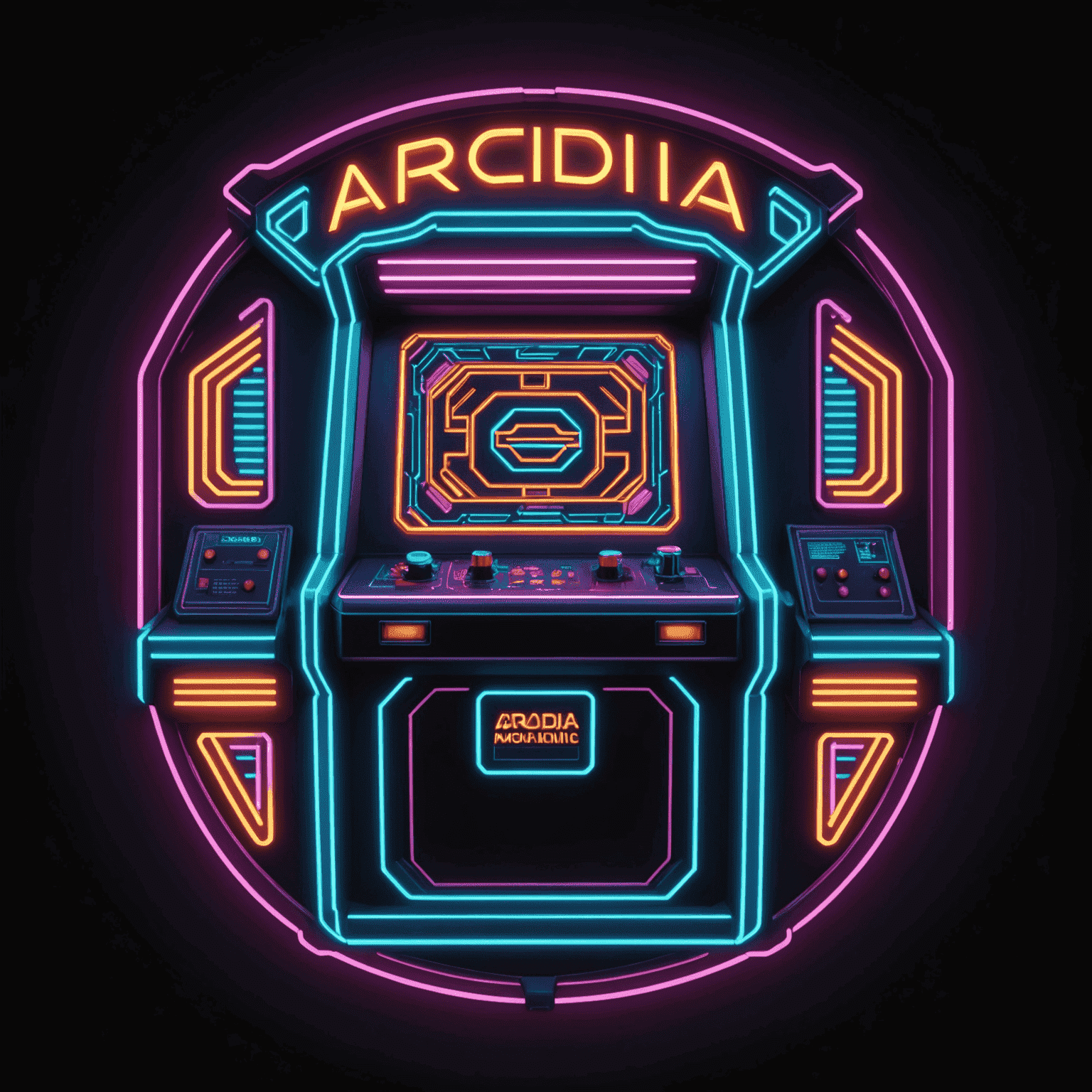 Logo Arcadia Machines - stylizowane, geometryczne logo w neonowych kolorach przedstawiające automat do gier