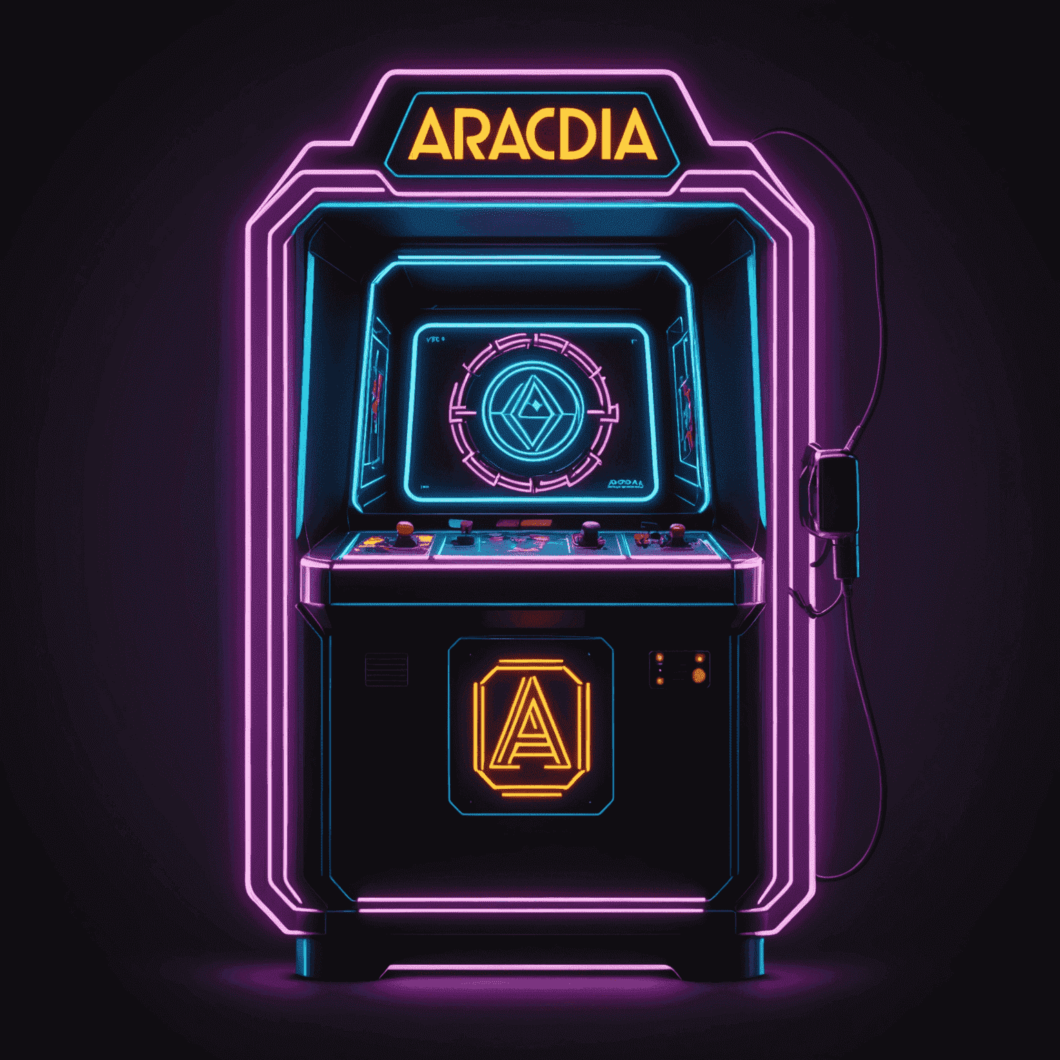 Logo Arcadia Machines - stylizowane, geometryczne logo w neonowych kolorach przedstawiające automat do gier