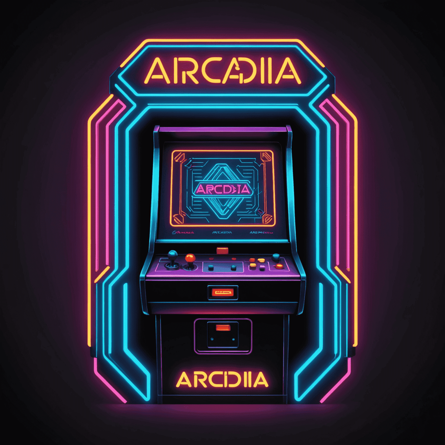 Logo Arcadia Machines - stylizowane, geometryczne logo w neonowych kolorach przedstawiające automat do gier