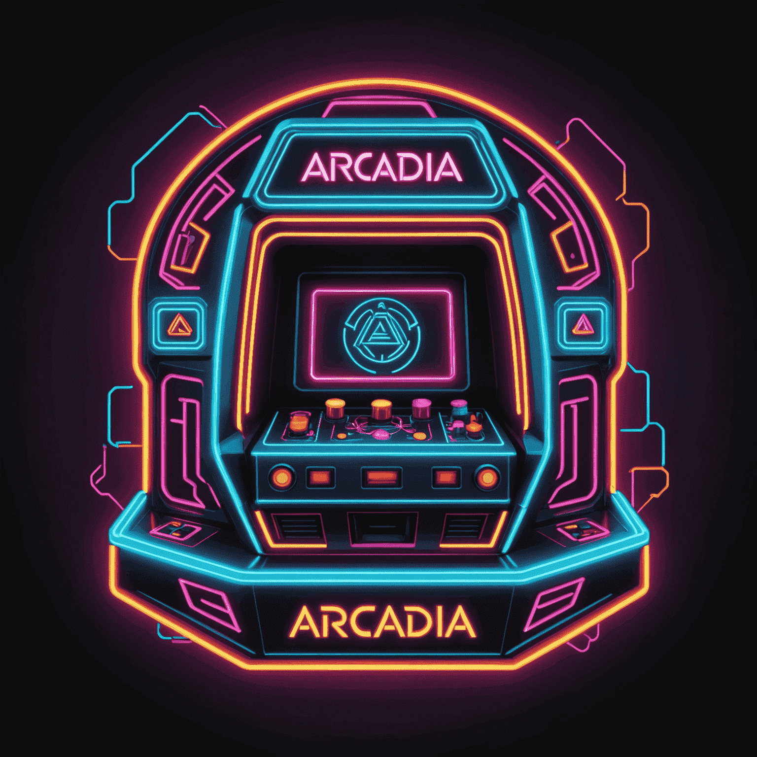 Logo Arcadia Machines - stylizowane, geometryczne logo w neonowych kolorach przedstawiające automat do gier