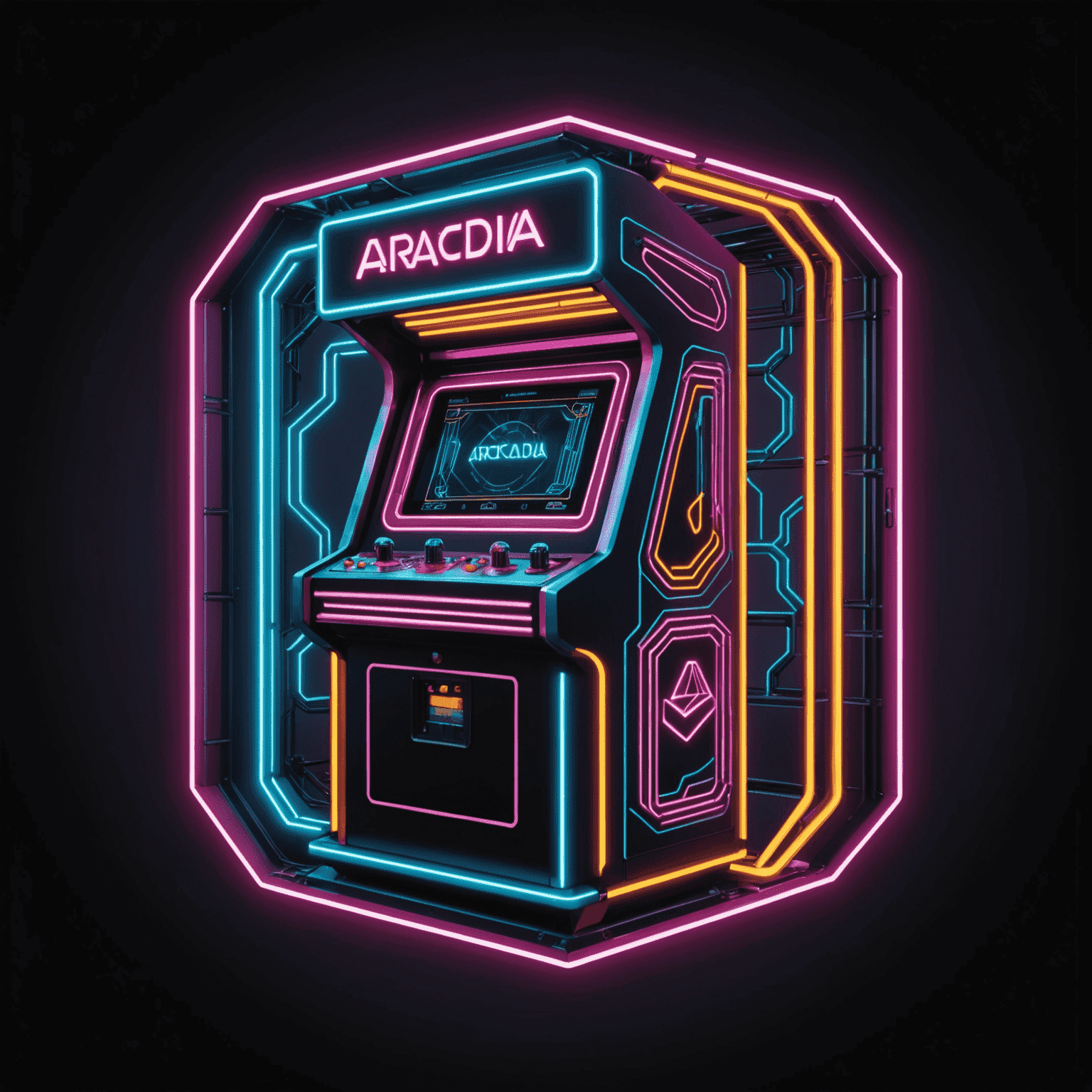 Logo Arcadia Machines - stylizowane, geometryczne logo w neonowych kolorach przedstawiające automat do gier