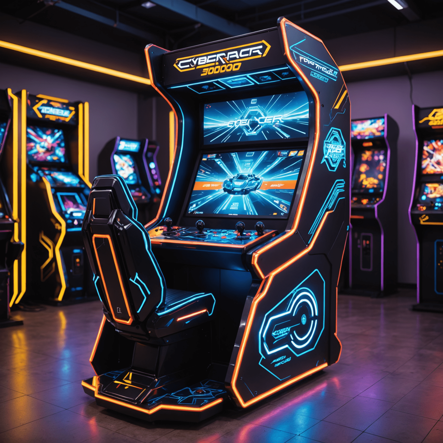 Nowy automat arcade 'Cyber Racer 3000' z futurystycznym designem, neonowymi akcentami i dużym panoramicznym ekranem