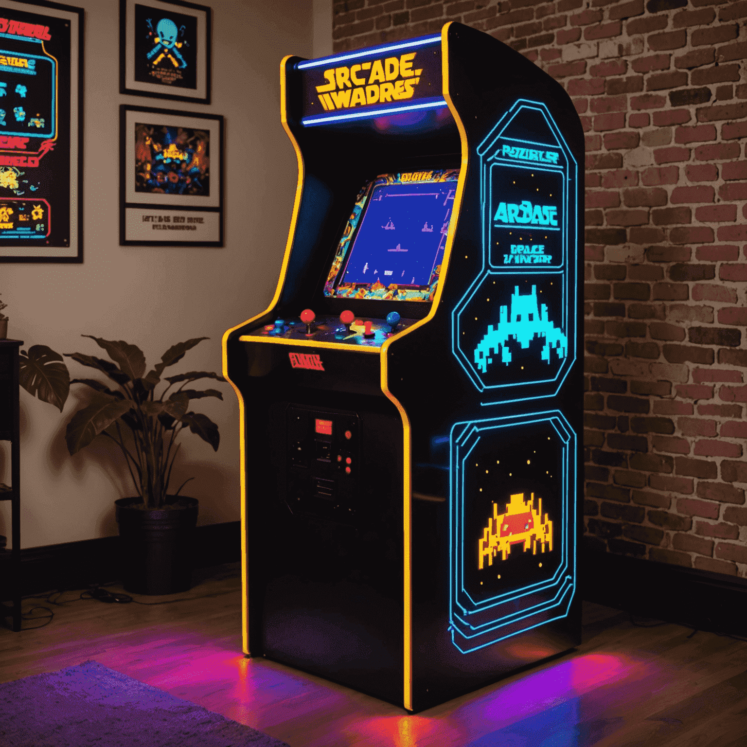 Odrestaurowany automat do gier arcade z lat 80. z charakterystycznym neonowym oświetleniem i klasyczną grafiką Space Invaders na boku