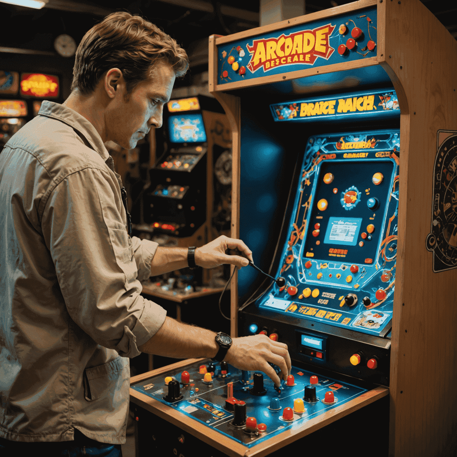 Technik konserwujący automat arcade, otwarta szafka z widocznymi podzespołami elektronicznymi i mechanicznymi