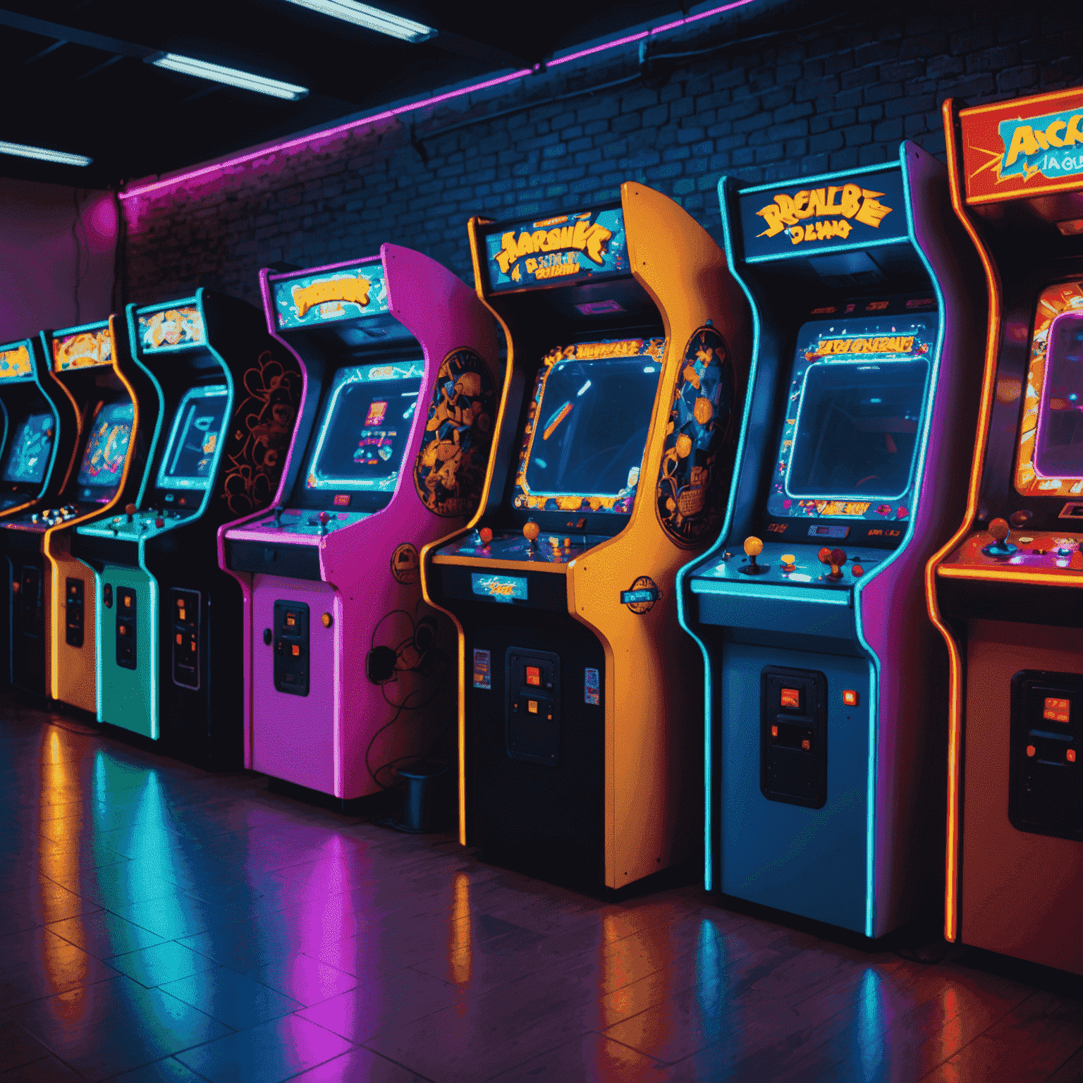 Różnorodne automaty arcade ustawione w rzędzie, od klasycznych do nowoczesnych modeli, z jaskrawymi neonowymi światłami