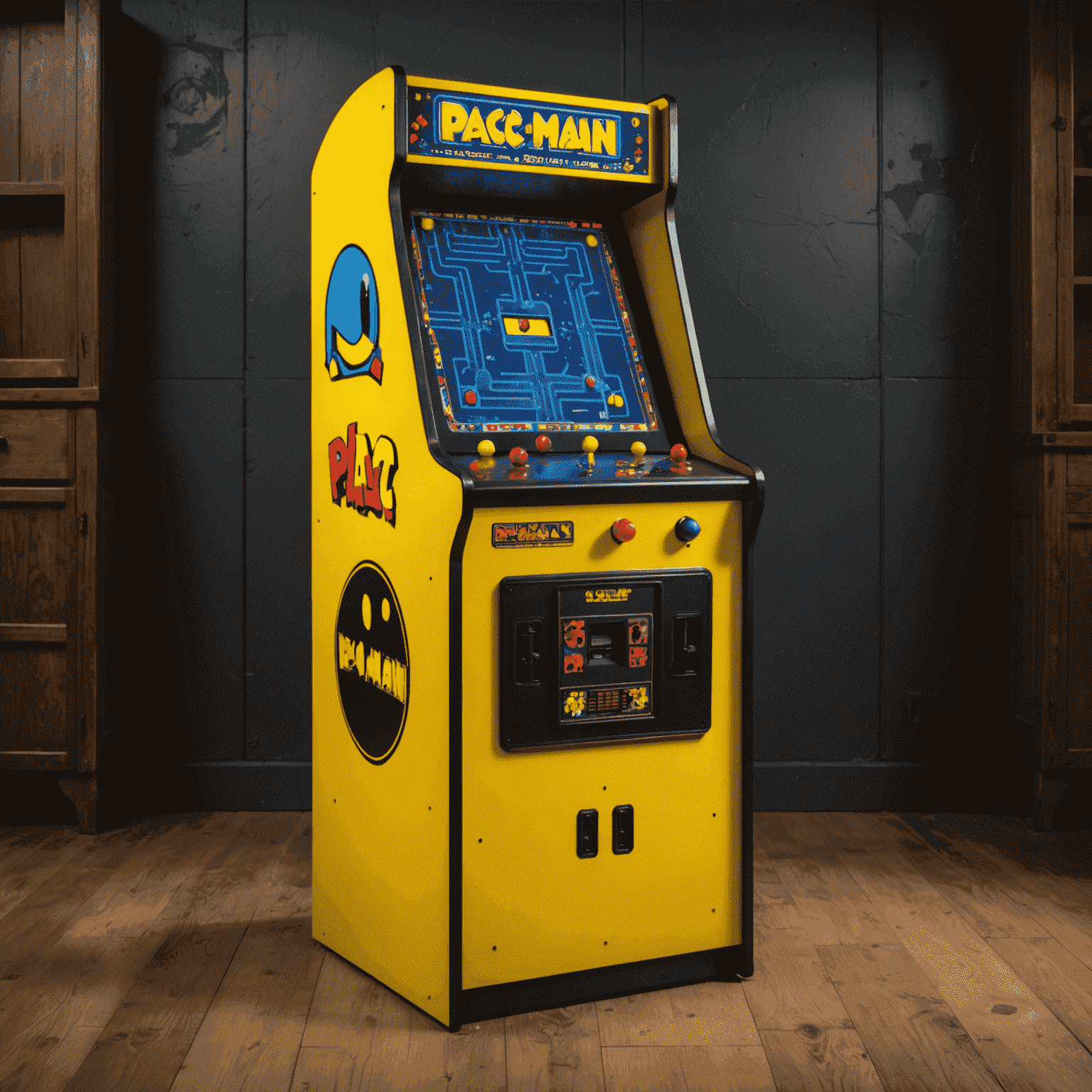 Klasyczny automat Pac-Man z charakterystycznym żółtym bohaterem i kolorowymi duchami na ekranie, umieszczony w oryginalnej obudowie z lat 80.