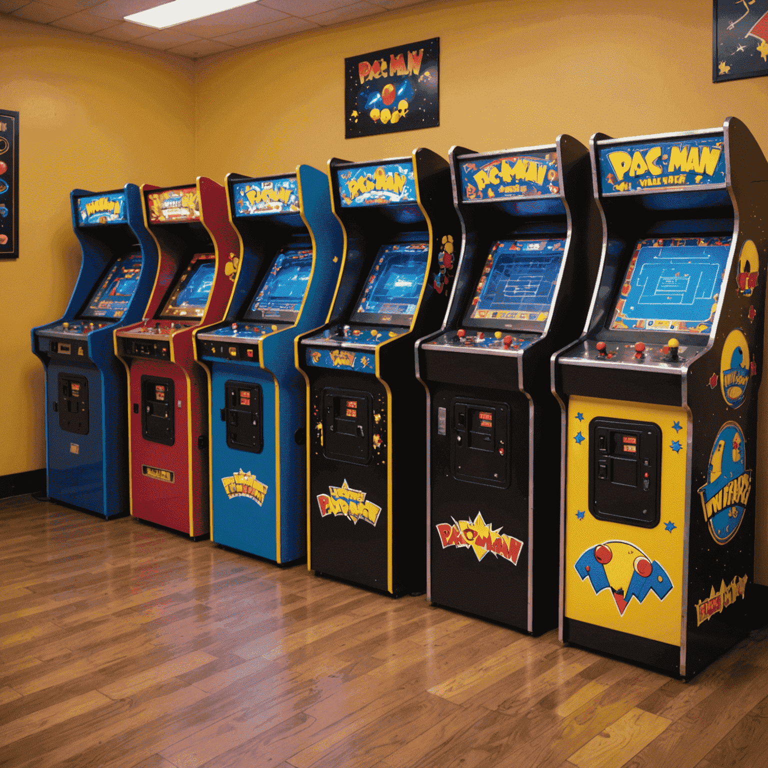 Kolorowe automaty arcade ustawione w rzędzie, gotowe do wynajęcia na imprezę. Widoczne są klasyczne gry takie jak Pac-Man, Space Invaders i Pinball.