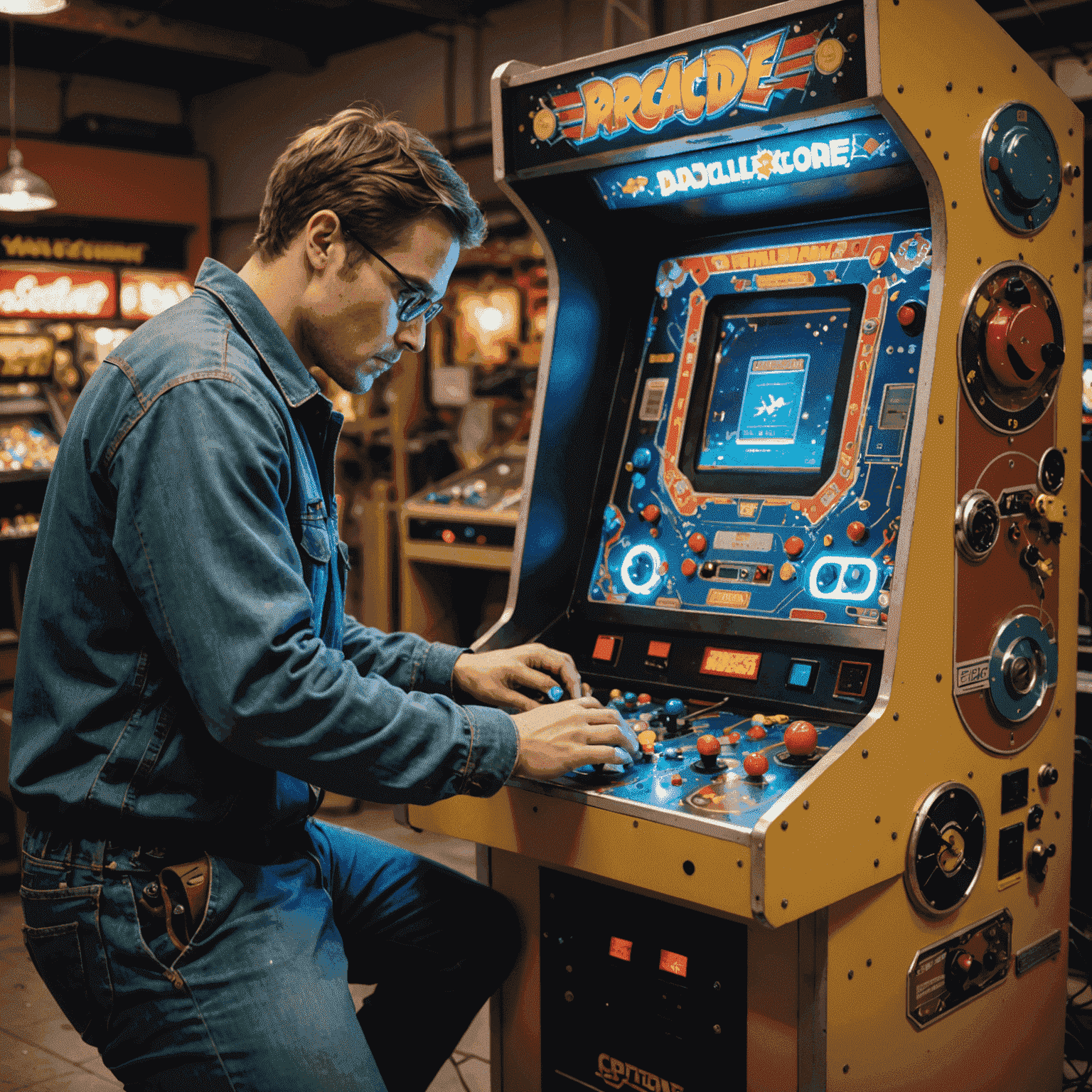 Technik naprawiający automat do gier arcade, skupiony na wewnętrznych elementach maszyny, z narzędziami rozłożonymi obok