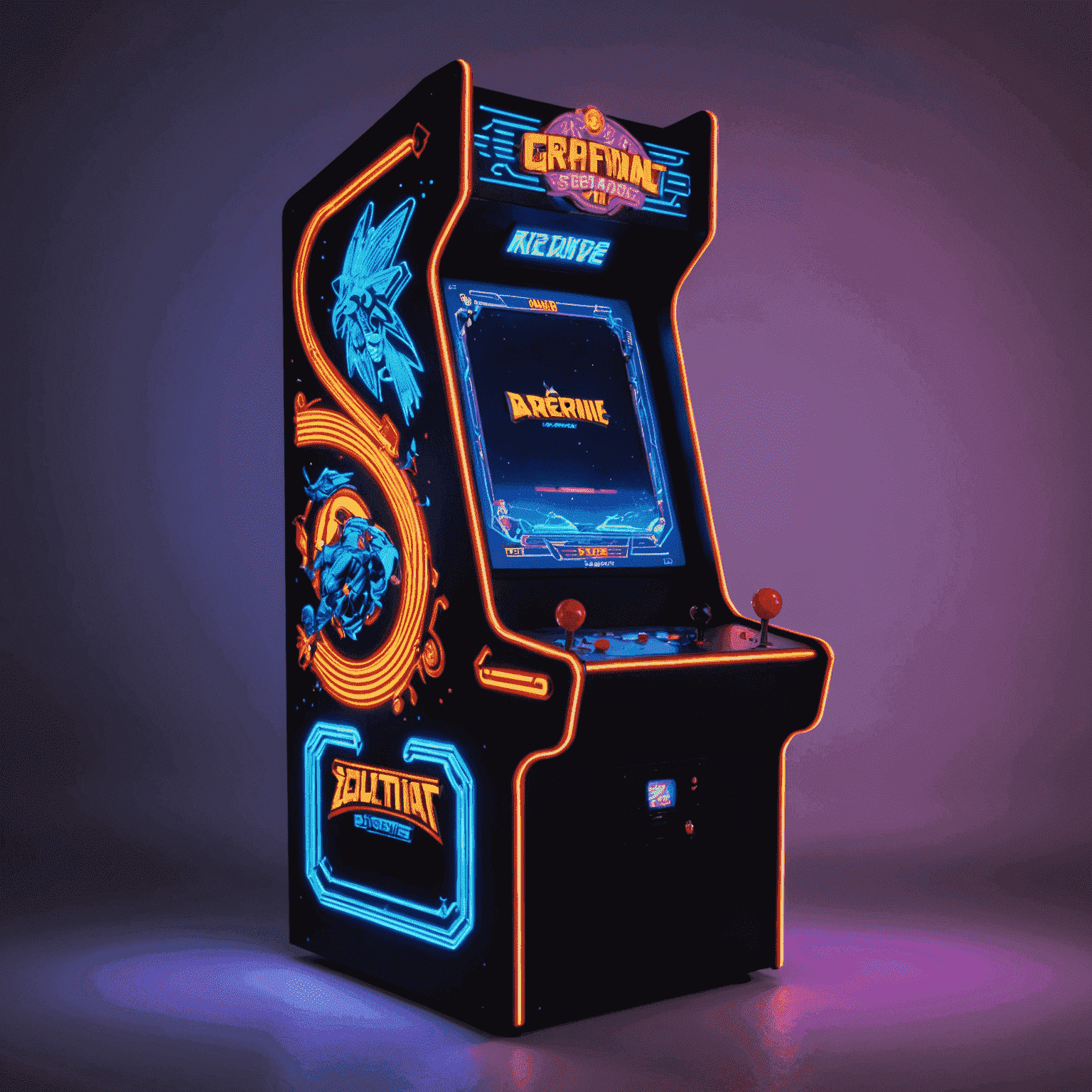 Niestandardowa szafka do gier arcade z unikalnym designem, dostosowana do specyfikacji klienta. Widoczne są jaskrawe neony i personalizowane elementy graficzne.