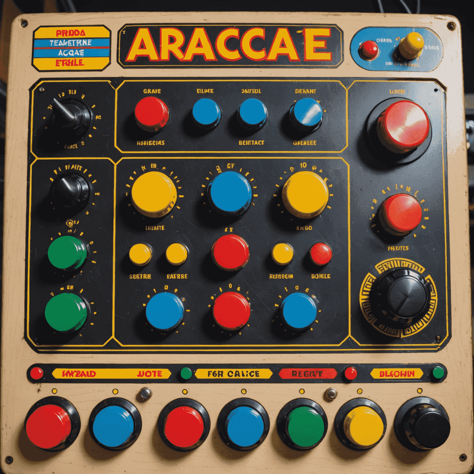 Zbliżenie na odrestaurowany panel sterowania automatu arcade z jasnymi, kolorowymi przyciskami i joystickiem