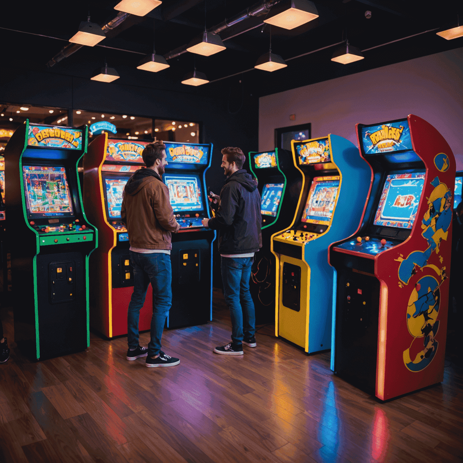 Grupa ludzi grających na wynajętych automatach arcade podczas imprezy firmowej, z kolorowymi światłami i uśmiechniętymi twarzami