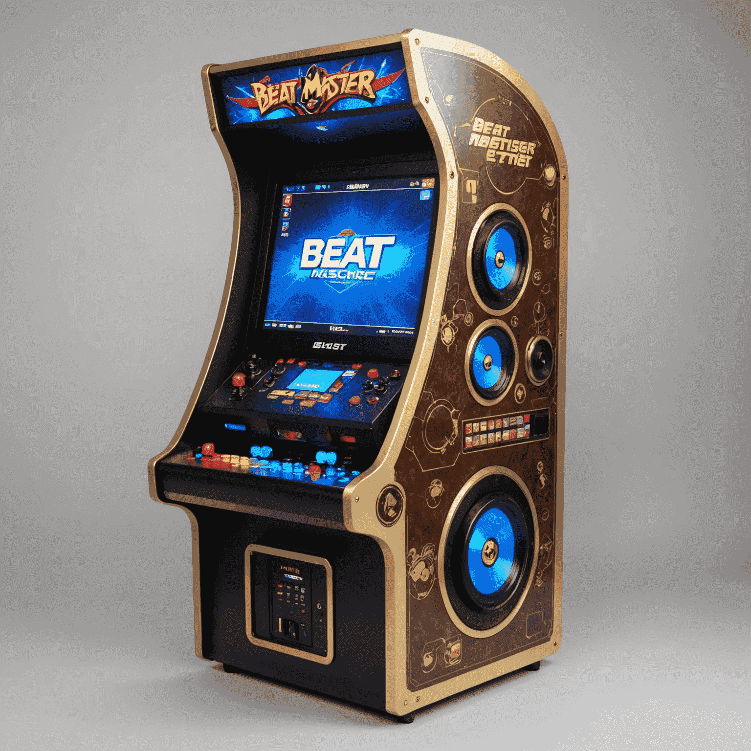 Automat do gry 'Beat Master Pro' z dużym ekranem dotykowym i podświetlanymi przyciskami