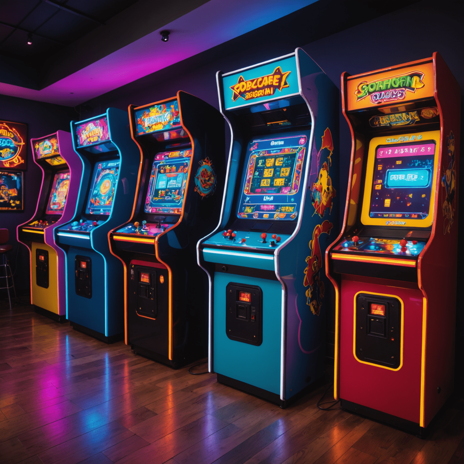 Rząd kolorowych, odrestaurowanych automatów arcade ustawionych w stylowym, nowoczesnym wnętrzu z neonowym oświetleniem