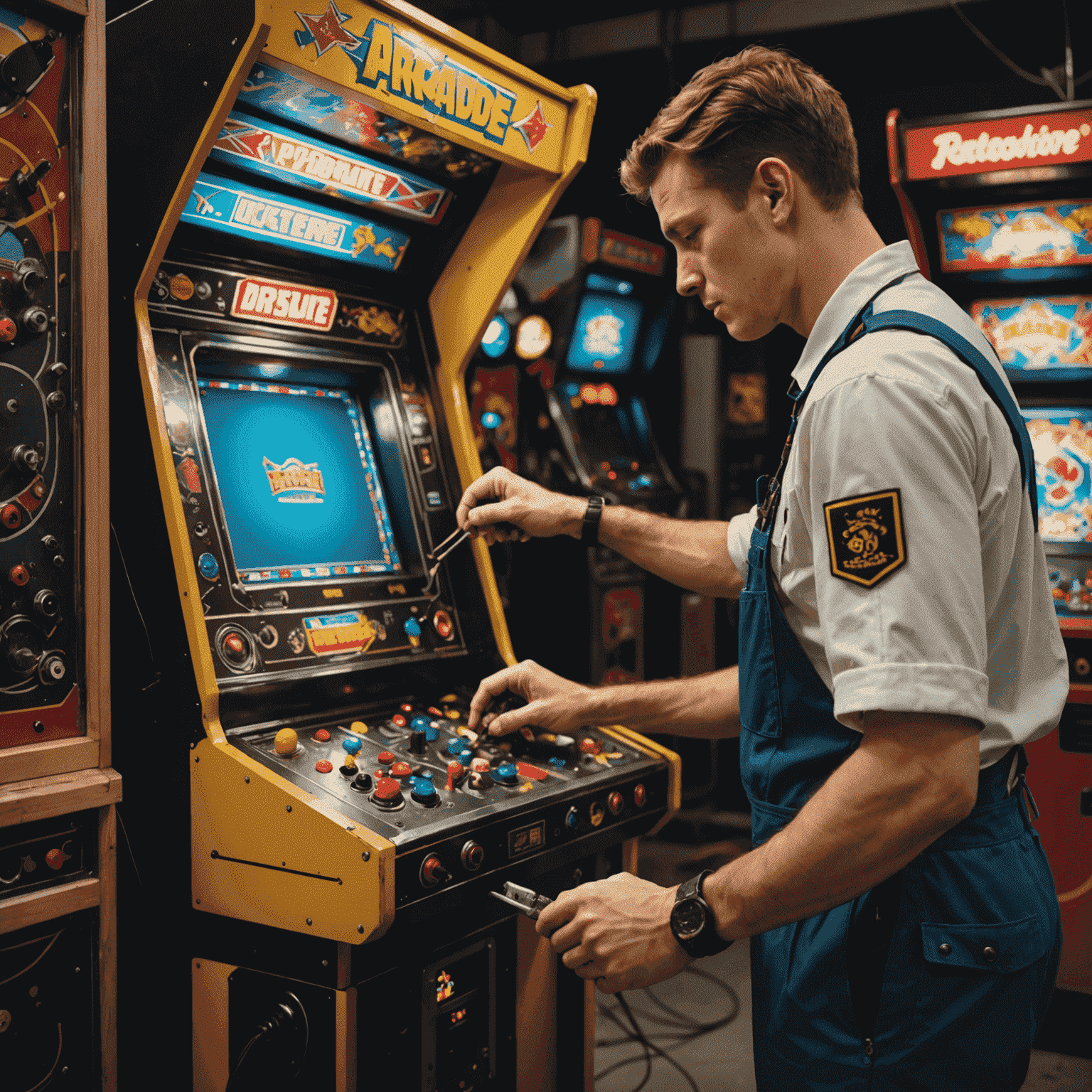Technik w uniformie naprawiający wnętrze automatu arcade, z narzędziami i częściami zamiennymi rozłożonymi obok