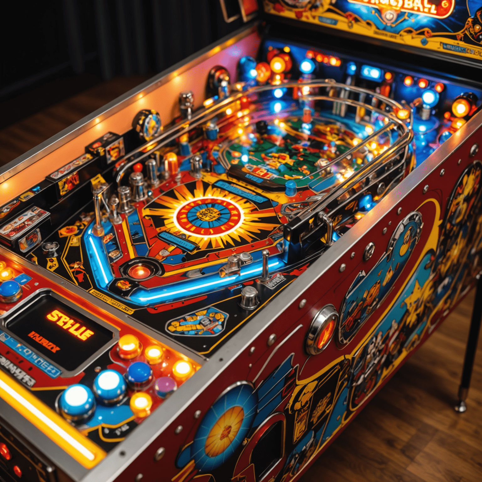 Kolorowy automat do pinballa z tematycznym designem, błyszczącymi światłami i skomplikowanym układem przeszkód na stole gry.