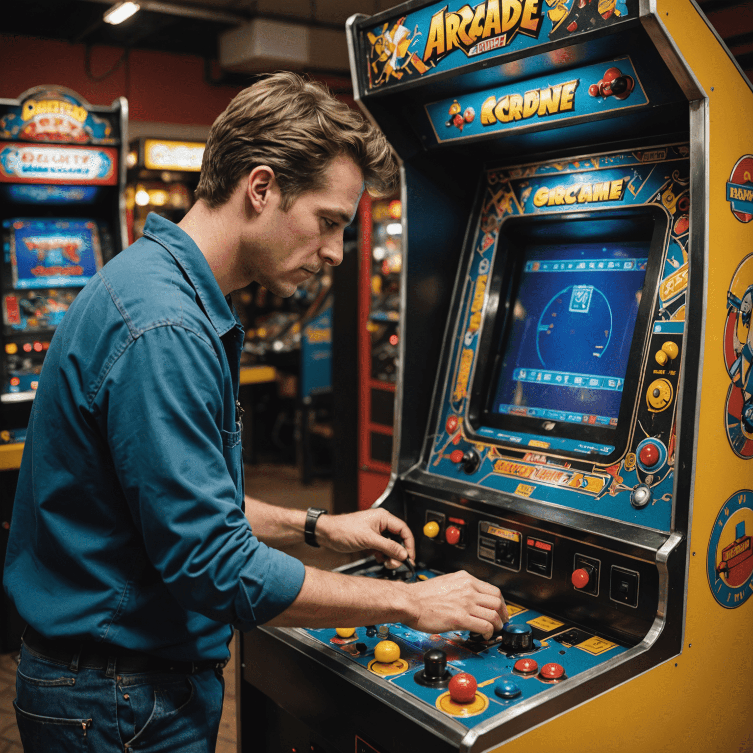 Technik wykonujący konserwację automatu arcade, pokazujący kluczowe elementy