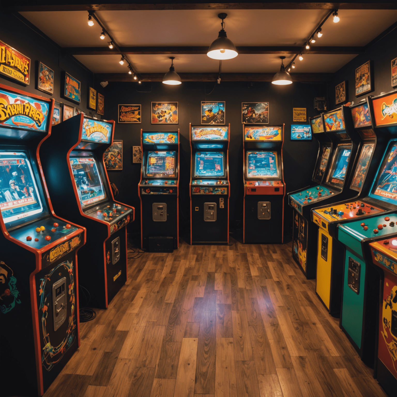 Panoramiczny widok na salę pełną odrestaurowanych automatów arcade, z graczami w różnym wieku cieszącymi się klasycznymi grami