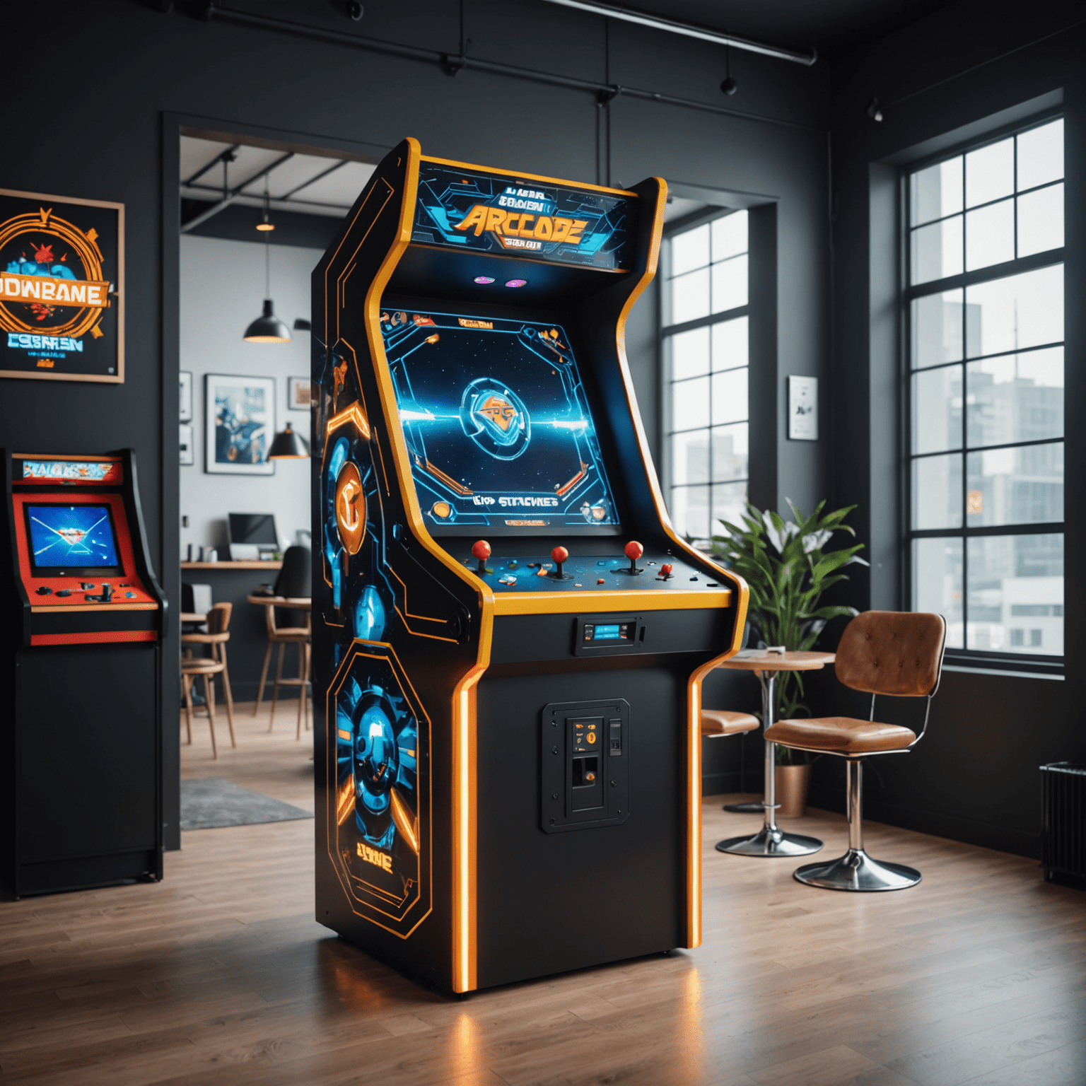 Unikalny, niestandardowy automat arcade z futurystycznym designem i personalizowaną grafiką, stojący w nowoczesnym wnętrzu